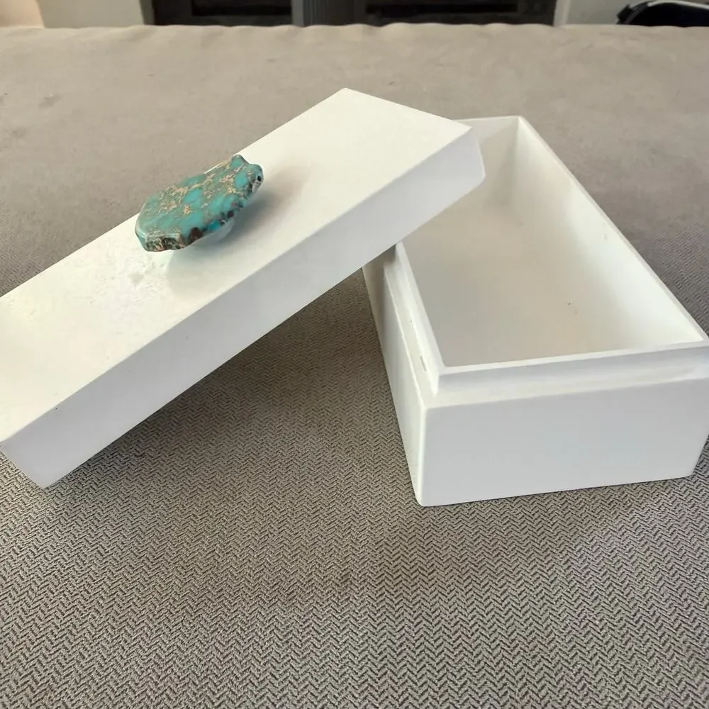 White Marble Trinket Box w Turquoise Stone Lid Jewelry Keepsake Box Decor